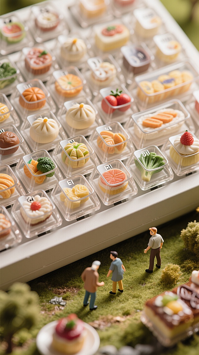 透明机械键盘键帽内嵌微缩食物模型，包子/水果/蔬菜/甜点分层排列，玻璃质感键帽外壳展示食物细节，3D写实渲染，顶视角俯拍，暖色调美食摄影，景深控制，微距镜头，电商主图设计