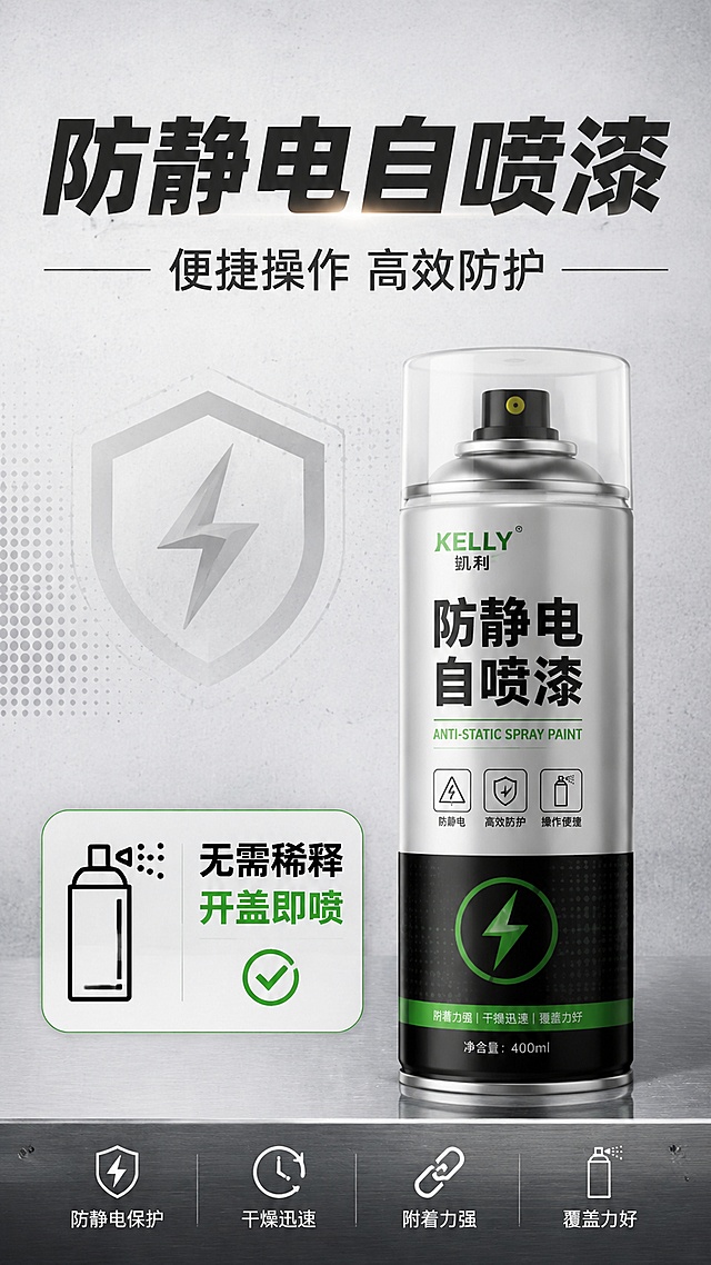 简约工业风防静电自喷漆商品海报，整体版式精美清晰，背景采用浅灰工业质感底色，画面顶部放置主标题"防静电自喷漆"，副标题"便捷操作 高效防护"，在画面中下部设计一个卖点区域：搭配简约的喷雾瓶图标和绿色对勾图标，图标右侧标注文案"无需稀释，开盖即喷"，所有文字清晰可读，信息分区明确，专业简约风格，适合五金建材产品宣传