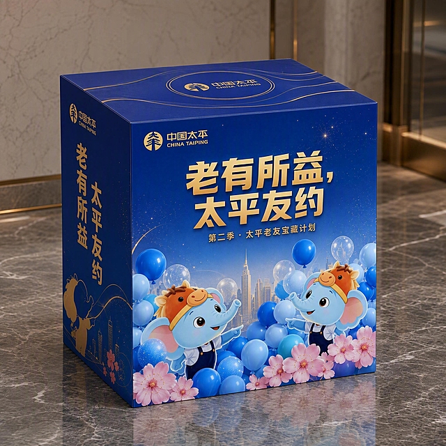 标准正方体堆头盒子效果图，严格的正立方体造型，长宽高完全相等，方方正正，棱角分明，透视角度为45度微俯视，正面、左侧面、顶面三面均等可见，立体感强烈。整体高端大气，2026年高级审美。正面主视觉：深蓝色渐变背景，顶部有"中国太平"logo；居中大标题"老有所益，太平友约"，精致无衬线粗黑体，烫金立体效果；下方副标题"第二季 · 太平老友宝藏计划"，金色小字；画面中下部有两只可爱的蓝色小象IP形象（浅蓝色身体，橙色马头帽，粉色大耳朵，温暖友善表情），小象周围环绕渐变蓝色气球群，底部点缀粉色樱花花朵，背景有淡金色城市天际线剪影。左侧面：深蓝色渐变背景，竖向排列金色"老有所益 太平友约"文字，下方有金色小象剪影和城市线条，延续正面视觉风格。顶面：深蓝色背景，中央有圆形金色"中国太平"logo与纹样，四周金色流线装饰。整体配色：深蓝主色 + 金色烫金点缀 + 浅蓝气球 + 粉色樱花，蓝金轻奢质感。堆头放置在高端大理石地面上，环境光线柔和，阴影自然真实，材质为哑光KT板+局部烫金UV效果，质感高级精致。版式精美，层次分明，超高清商业渲染质感，适合线下保险活动陈列展示。画面中所有文字必须清晰可读，所有信息区域填充完整。