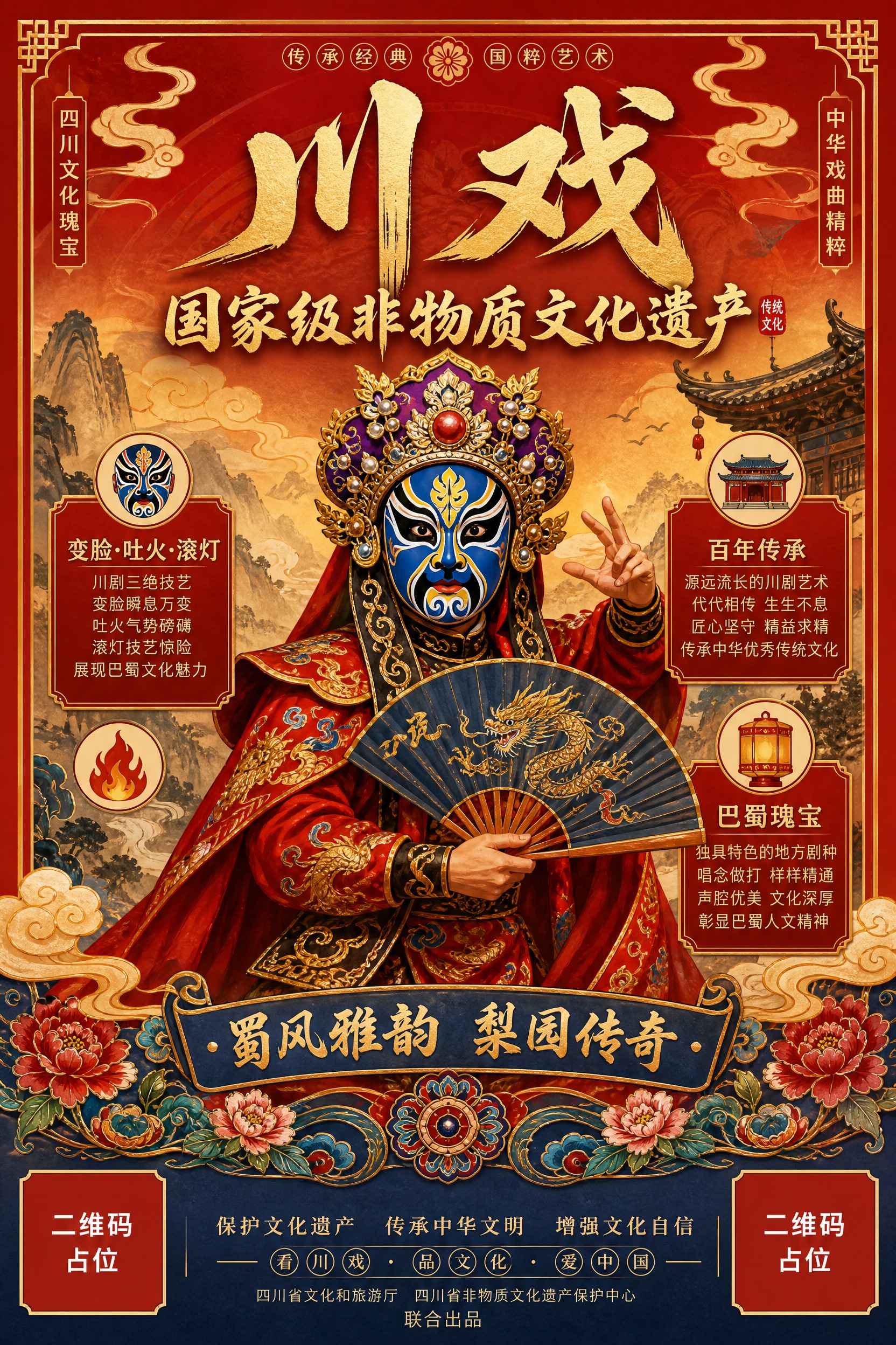 川戏文化宣传展板海报，国风新中式工笔风格，色彩浓郁丰富。画面中… - 图片创意预览