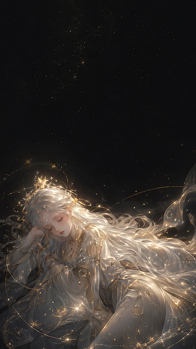 竖版，古风半身全身少女，银白色超长渐变长发，精致王冠，淡雅鎏金古风汉服，薄纱飘逸裙摆，裙身金色星月暗纹，发丝与衣纱自带发光柔光；少女半躺，做睡梦安详神态，周身轻微环绕星光丝线；人物位于画面下方不超过二分之一，人物周边可略微虚化，背景纯深邃黑夜空，画面上方与中间留空，整体深黑黑金鎏金国风，梦幻仙气水墨二次元，通透发光质感，低对比度暗调氛围感，精致华丽，发丝细节丰富，高清壁纸，温柔仙气，反向提示词：模糊，低画质，畸形五官，手脚扭曲，多手指，崩坏肢体，鲜艳杂乱色彩，多余人物，水印文字，粗黑轮廓，暗沉死黑，杂乱杂物，现代服饰，残缺画面