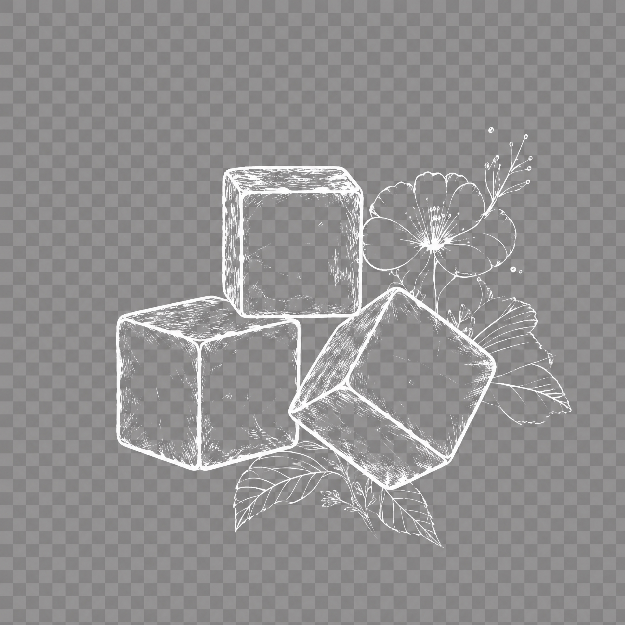 提取图片中的三块椰壳炭，白色细线描绘的立方体炭块，透明背景，只… - 图片创意预览