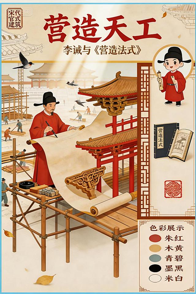Generate exactly according to the reference image: Vertical national trend creative poster, 1024*1536 resolution, theme "营造天工", bright cream white background, soft sunlight rays, 3 flying birds, falling yellow leaves. TOP: Main title "营造天工" (vermilion calligraphy, centered), subtitle "李诫与《营造法式》" (dark brown), top left seal "宋代官式建筑". LEFT MAIN SCENE: Q-version Li Jie in vermilion official robe, black futou, standing on wooden scaffold, bending over to draw on huge beige scroll, 3D wooden dougong component emerges from the scroll, ink stone and tools placed on scaffold, scaffold extends to the bottom, blurred background with a few craftsmen. RIGHT SIDEBAR: traditional window lattice border from top to bottom, top Q-version Li Jie full-body in round frame, middle "Yingzao Fashi" thread-bound book, red decorative seal, bottom vertical color display card title "色彩展示", 5 vertical round color blocks labeled: 朱红, 木黄, 青碧, 墨黑, 米白. Keep all content, layout, colors exactly the same as the reference image, neat layout, bright national tide style, high definition, 1024*1536 resolution.