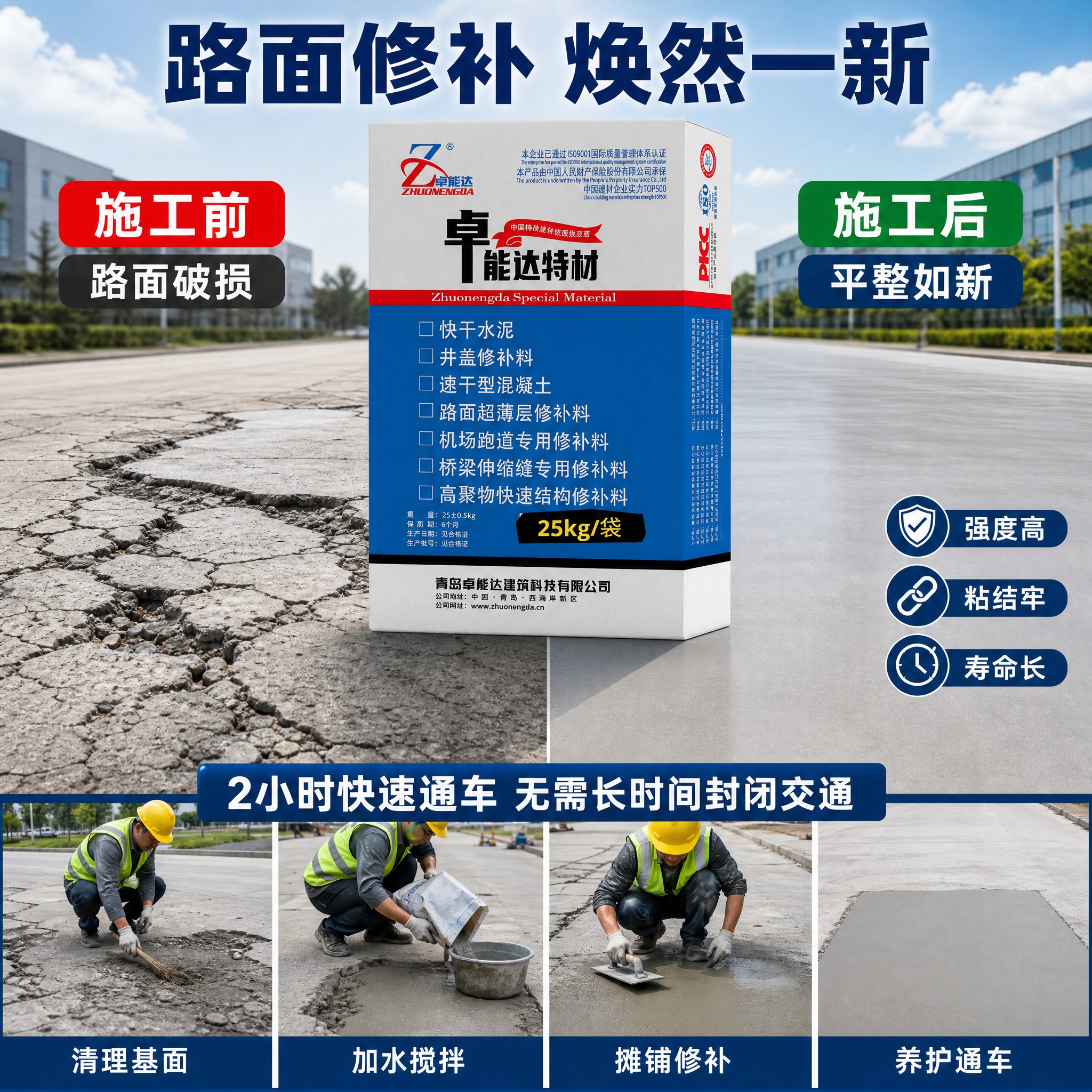 [主图-3] 卓能达特材 快干水泥路面修补料 施工前后对比效果… - 图片创意预览