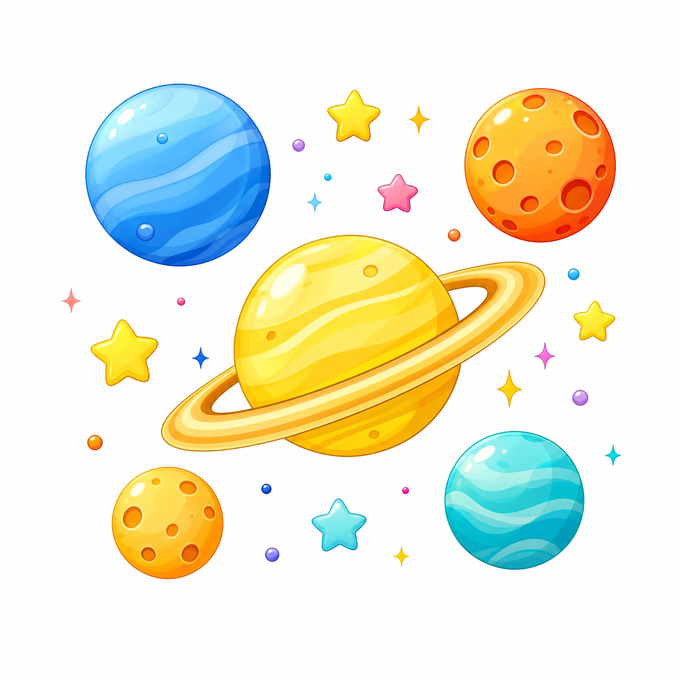黑板报装饰素材：一组宇宙行星元素，包括黄色带环土星、蓝色行星、… - 图片创意预览