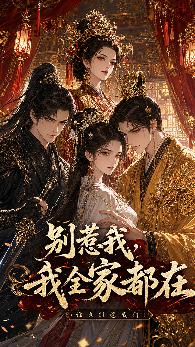 古风宫廷漫剧封面《别惹我，我全家都在》，9:16竖版，古风国风，宫廷背景非纯白，包含四位古风人物：白衣女主、穿龙袍的年轻皇上、华丽凤袍太后、带刀黑衣武将，四人站位紧凑有互动，整体古风动漫风格，添加标题文字"别惹我，我全家都在"