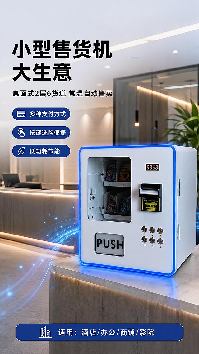 [第1屏] 详情页头图-桌面式小型自动售货机主视觉海报。本屏使用【图1】作为商品主体，保持产品白色机身、蓝色LED灯带边框、6个金属按键、纸币器、数字显示屏、PUSH取货口、2层6货道内部结构完全一致，产品物理结构、比例轮廓、颜色色号与输入图一致。
[氛围/风格] 科技商务风，现代简约，商业摄影质感，高端大气，售货机场景氛围感。
[元素布局] 售货机置于画面右侧中部，占比约55%-60%，45°斜侧视角展示全貌；左侧为文案区；背景为现代酒店前台或办公休息区场景，有简约前台、绿植、柔和灯光装饰，地面为浅灰色地砖，墙面为浅米色，远处有玻璃隔断；前景有简约台面承托产品，增加空间层次感；产品周围有淡淡的蓝色科技光效点缀。
[光影质感] 左上方主光源柔和打亮产品正面，右侧辅光勾勒机身轮廓，底部自然投影，蓝色灯带发光效果明显，整体明亮通透有质感。
[配色色系] 全局底色 #F5F7FA 浅灰蓝；主色深蓝色 #1E3A8A + 科技蓝 #3B82F6；辅助色白色机身 + 金色按键点缀。
[视角构图] 正面微45°斜侧视角，产品为视觉中心，阅读动线左上标题 → 中部卖点 → 右侧产品 → 底部信息条。
[文字版式] 版式为左侧标题 + 右侧产品 + 底部信息条。主标题「小型售货机 大生意」，副标题「桌面式2层6货道 常温自动售卖」，两行粗黑体左对齐；主标题下方3个卖点胶囊：「多种支付方式」「按键选购便捷」「低功耗节能」，胶囊为深蓝色圆角矩形配白色文字；底部信息条标注「适用：酒店/办公/商铺/影院」，文字不遮挡产品主体。
[比例分辨率] 9:16 竖版比例，4K 分辨率，文字清晰可辨，高清画质。
[负向提示词] 产品变形，缺件错件，结构错误，颜色偏差，水印，文字错乱，文字过小，产品图模糊，背景杂乱，人物面部模糊。