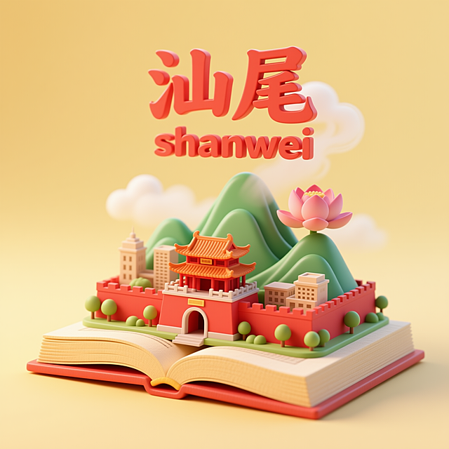 一本打开的古代书籍，书是打开的，书上是汕尾城市景观微缩模型，有汕尾的红城，莲花山，上方有中文“汕尾”和英文“shanwei”，整体画面生动，色调温暖明快，充满活力与朝气，具有梦幻感，背景为浅黄色渐变。