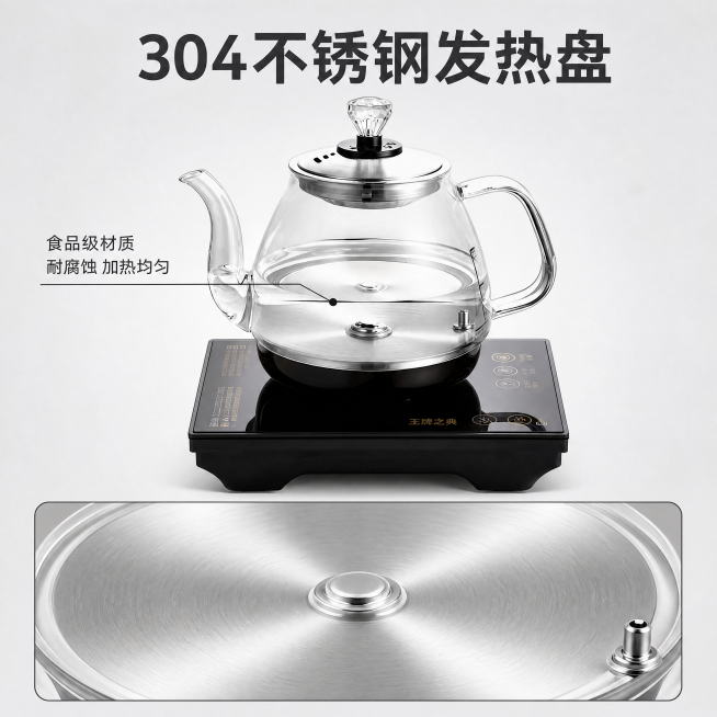 [主图-3] 304不锈钢发热盘核心部件展示。[氛围风格] 专业材质解析，品质感突出。[画质] 商业摄影质感，微距细节清晰，金属纹理真实。[元素] 保持产品整体外观与输入图一致，整体居中展示电热水壶底预览效果
