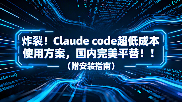 科技感风格微信公众号封面横图，画面充满未来感的蓝色霓虹光效，搭配科技感线条与代码元素，醒目展示标题“炸裂！Claude code超低成本使用方案，国内完美平替！！（附安装指南）”