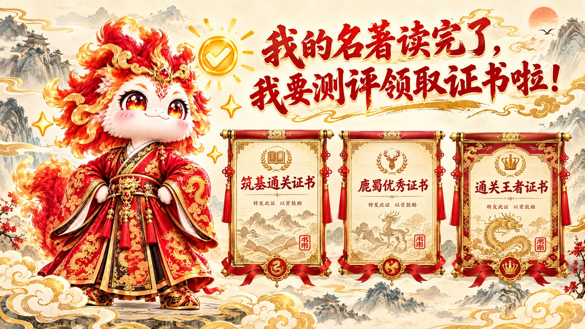 国风名著证书宣传图，1080乘605像素。左侧是穿红金汉服、叉… - 图片创意预览