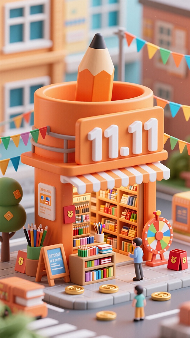 画面中央是一个巨大的笔筒形状的店铺，有一个白色字"11.11"的招牌，店铺内货架上摆放了各类文具，门口摆放书本、转盘、金币，橙色主色调，点缀彩带、红包，学校背景