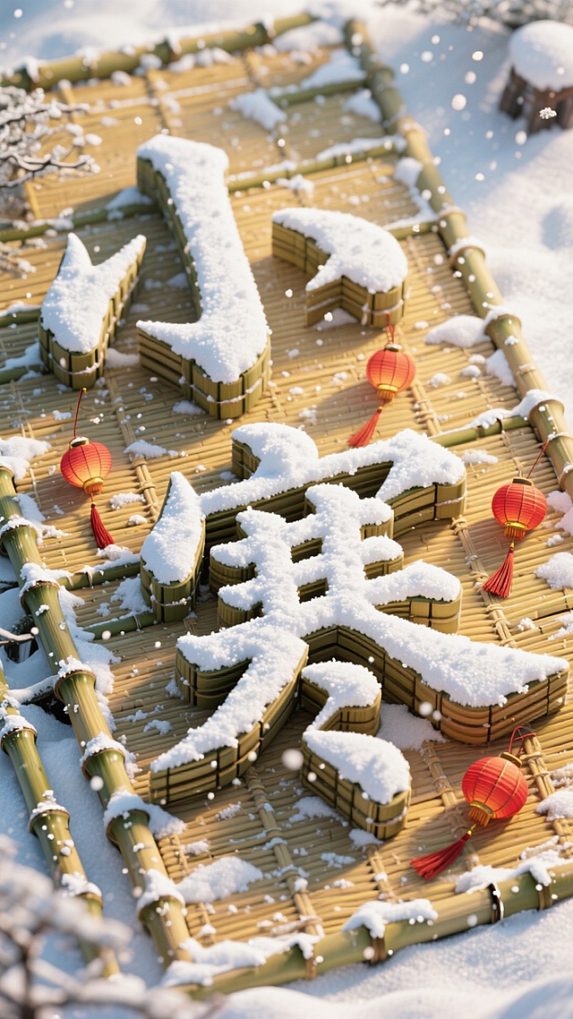 俯视视角，竹编席面堆 “小寒” 积雪毛笔字（雪裹竹纹，表面有细雪粒，边缘散灯笼穗），旁缀迷你红纸灯笼，配色竹黄 + 雪白，暖调冬日感。