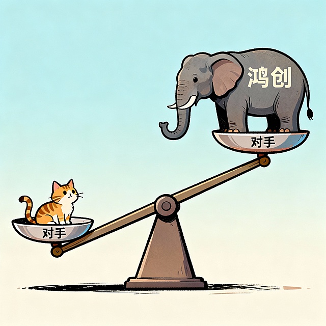 画一个非平衡天平示意图：左边托盘是一只小猫，右边托盘是一头大象。天平向大象一侧严重倾斜。左边托盘里小猫身上标写文字“对手”。右边托盘托盘里大象身上标写文字“鸿创”。