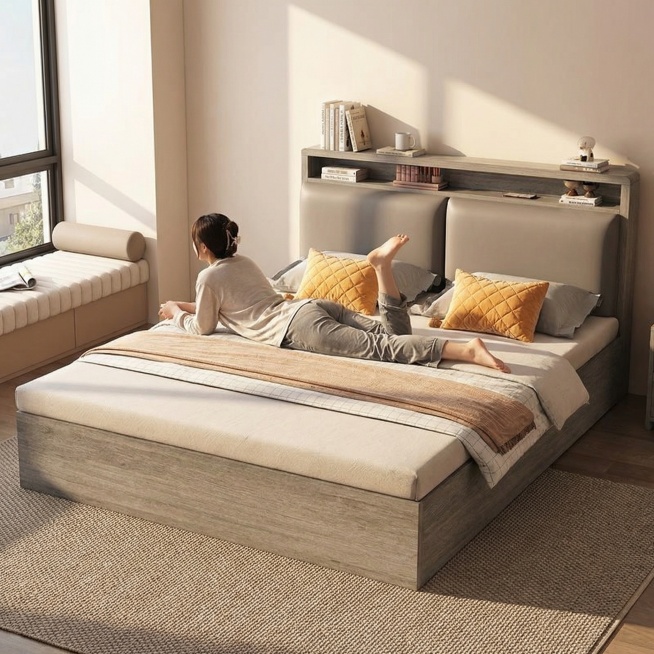 保留这款床的样式，在阳光充足的卧室场景中，模特趴在床边看向窗外，从床头角度展现床的设计预览效果