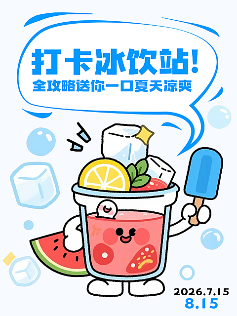 打卡冰饮站休闲饮品推广宣传卡通风小红书封面