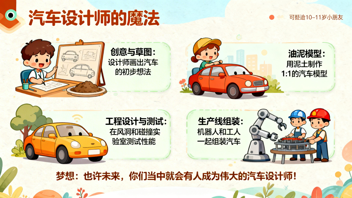 卡通风格PPT页面，主题是汽车设计师的魔法，展示一辆车诞生的四个阶段：创意与草图（设计师画图）、油泥模型（1:1泥土模型）、工程设计与测试（风洞/碰撞实验室）、生产线组装（机器人与工人协作），每个阶段预览效果