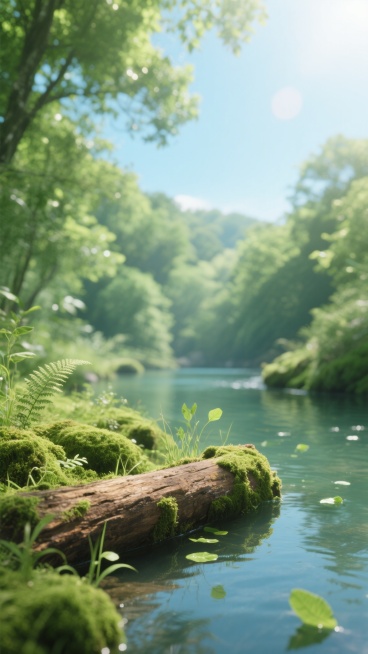 写实风格的自然场景，清澈的小溪水面漂浮着零星绿叶，岸边覆盖着茂密鲜绿的苔藓，一块粗糙的棕色原木横卧其上，周围点缀着嫩绿的小草和蕨类植物，背景是阳光透过层层叠叠的翠绿树叶形成的斑驳光影，天空呈现明亮的淡蓝色并带有柔和的光晕，整体氛围清新、宁静、充满生机，画面采用前实后虚的景深处理，光影柔和温暖，色彩以各种层次的绿色为主调，搭配原木的棕色和水面的蓝绿色，营造出舒适自然的视觉感受。预览效果