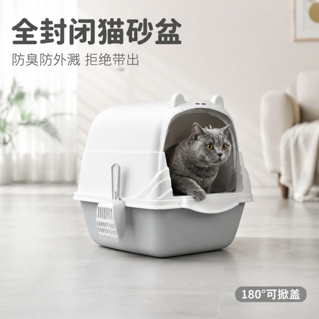 「图片1」，生成一套主图（5张），商品名称是猫砂盆，卖点是全封闭防臭防外溅，抛光工艺，不沾底，落砂踏板，防猫砂带出，180°掀起，适配淘宝/天猫平台，主图比例为1:1预览效果