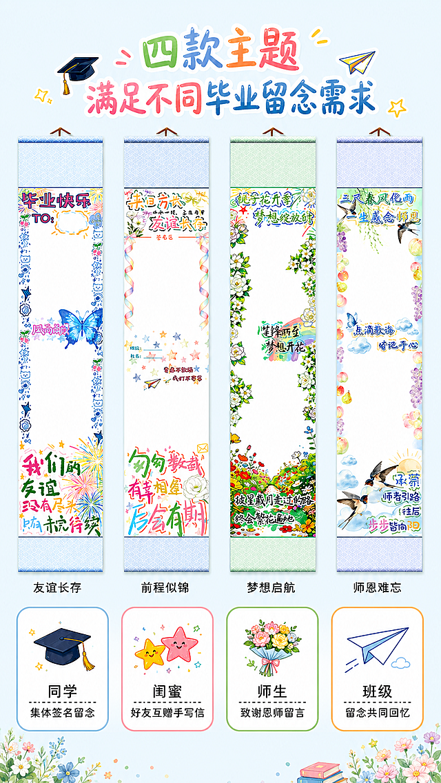 [第3屏] 场景与选购指南-四款主题全览与适用场景介绍。[氛围/风格] 青春毕业季氛围，清晰明亮展示，整体活泼明快。[元素布局] 将四款不同主题的毕业季手写信卷轴横向并排展示在画面中上区域，每款占四分之一宽度，从上到下完整展示每款卷轴，四款依次为：友谊款浅蓝色底/未来款浅蓝色底/梦想款浅绿色底/师恩款浅蓝色底，保留每款的原创文字、边框花卉图案和色彩不变，每款卷轴下方标注对应的主题名称。画面下半部分分四个圆角卡片介绍适用场景，每个卡片配一个小图标。[光影质感] 整体光线均匀明亮，四款产品色彩一致，对比清晰，没有阴影遮挡。[配色色系] 全局统一底色：#F0F8FF（淡青蓝）；主体保持四款产品原有配色，卡片使用浅白色底色配彩色描边。[视角构图] 正面平视，四款产品并排居中，上下构图，上产品下说明，结构清晰，信息层级分明。[文字版式] 顶部主标题“四款主题 满足不同毕业留念需求”，彩色圆润字体居中排列；四款产品下方分别标注主题名称“友谊长存/前程似锦/梦想启航/师恩难忘”，小字号黑色字体居中；下半部分四个卡片：左侧第一个“同学 集体签名留念”配毕业帽图标，第二个“闺蜜 好友互赠手写信”配星星图标；右侧第三个“师生 致谢恩师留言”配鲜花图标，第四个“班级 留念共同回忆”配飞机图标。信息排版清晰，文字大小适合手机阅读。[比例分辨率] 9:16竖版比例，2K分辨率，文字清晰可辨，超高清。[负向提示词] 卷轴排列变形，主题标注错误，文字错乱，颜色偏差，水印，背景杂乱。