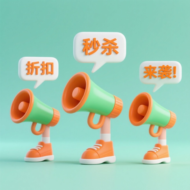 3 个绿橙配色小喇叭（主体绿色，喇叭口橙色，有绿色小腿与橙色鞋子）依次在平面上排列；每个小喇叭上方有白色对话气泡和线条，营造说话氛围，每个气泡从左至右依次是橙色的文字：“秒杀”“折扣”“来袭”；每个扩预览效果