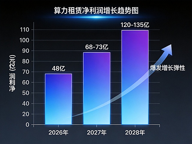 《算力租赁净利润增长趋势图》，科技风格柱状图，2K分辨率，清晰展示预测数据：2026年净利润48亿、2027年净利润68-73亿、2028年净利润120-135亿，直观体现算力租赁业务的爆发增长弹性，整体为商务科技风信息图表，适合财经文章配图