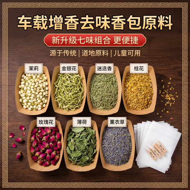 俯视视角，1:1正方形构图，深棕色木纹桌面背景，搭配中式回纹边框装饰，画面上方居中位置用醒目的黄色描边字体写主标题"车载增香去味香包原料"，标题下方红色圆角横幅写"新升级七味组合 更便捷"，再下方写副预览效果