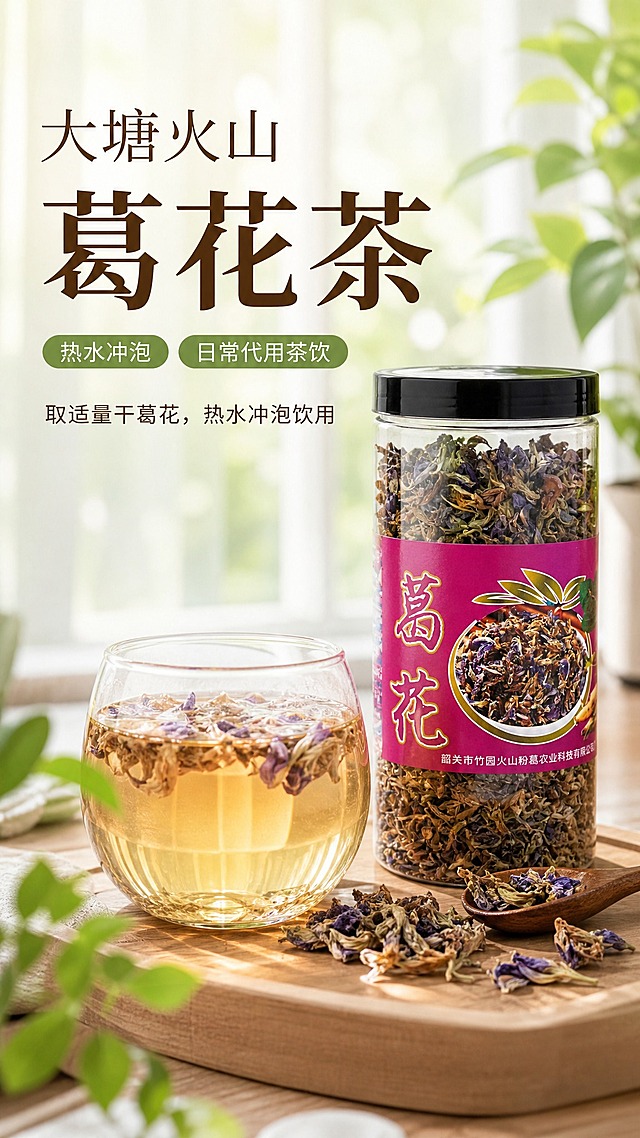 抖音电商详情页单屏海报，9:16竖版，商品名称大塘火山葛花茶，居家静物摄影风格，浅色原木桌面上放着透明玻璃杯，杯中是浅黄褐色葛花茶水，杯边摆放少量干葛花和一罐葛花产品罐，背景有柔和窗边自然光和少量绿色植物虚化，画面温暖清新，真实商业摄影，干净通透，代用茶饮用场景，高清细节。画面配文：“热水冲泡”“日常代用茶饮”“取适量干葛花，热水冲泡饮用”，文字排版简洁美观，适合抖音平台展示