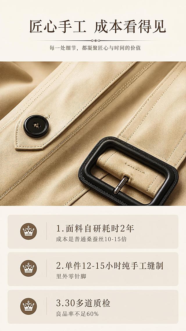 [第6屏] 详情页匠心工艺解析屏，讲解本款风衣手工工艺与质检流程，本屏展示整体工艺价值
[氛围/风格] 高级工匠风，质感厚重，信息清晰，极简设计
[元素布局] 顶部主标题，中间放置手工缝制针脚细节特写，占比约50%，下方分三部分列出工艺成本，保留针脚细节和产品颜色一致
[光影质感] 暖柔侧光，突出手工缝线的精致细节，纹理清晰
[配色色系] 全局底色 #F8F5F0，主色米棕，辅助色深棕标题，浅棕背景块
[视角构图] 上图文下文字，信息层级清晰，从上到下
[文字版式] 主标题「匠心手工 成本看得见」，分三点说明：1. 面料自研耗时2年 成本是普通桑蚕丝10-15倍 2. 单件12-15小时纯手工缝制 里外零针脚 3. 30多道质检 良品率不足60%，每个卖点配皇冠小图标，文字排版清晰，不遮挡细节图
[比例分辨率] 9:16 竖版比例，4K分辨率，文字清晰可辨，高清画质
[负向提示词] 细节变形，文字错乱，颜色偏差，背景杂乱
