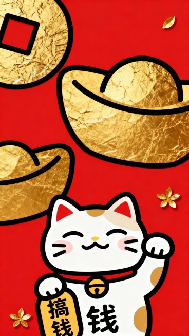 扁平肌理发财插画壁纸，高饱和色块拼接，正红色背景搭配亮金色扁平元素，元宝是几何色块拼接（带细黑描边），铜钱是镂空圆形（内部有纹理肌理），招财猫是扁平化简约造型（举着‘搞钱’字牌），角落点缀小尺寸金桂花预览效果