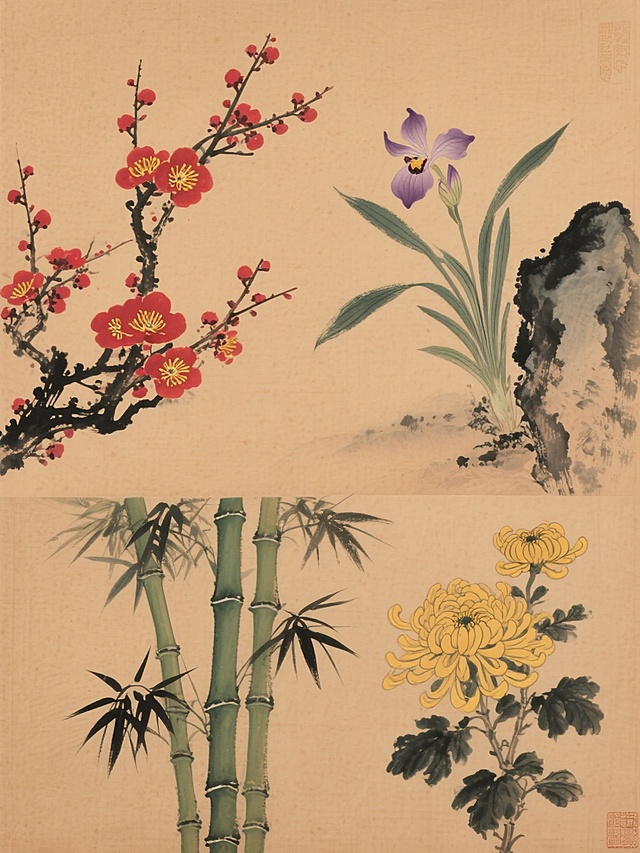 古香古色的中国水墨画风格，纯色背景，以细腻灵动的水墨笔触和淡雅古朴的色彩描绘，画面中规整排布四种不同种类的植物：左侧为枝干遒劲的梅花，朱砂色红梅绽放，点缀金黄花蕊；右侧石旁生有修长飘逸叶片的兰花，淡紫花瓣雅致脱俗；下方是竹竿挺拔、竹叶青翠墨绿、节节分明的竹子；上方则是花瓣层叠、藤黄色菊花盛放，姿态雍容。整体运用古朴的赭石、墨绿、朱砂、藤黄等传统中国色彩，营造出清雅脱俗、富有文人气息的氛围，光影柔和，笔触间尽显东方水墨韵味与细节，具有浓厚的传统东方美学意境。