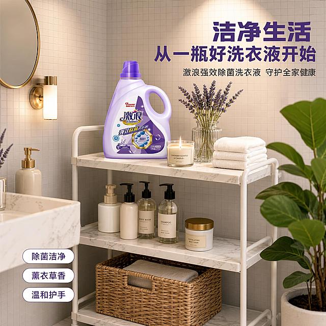 [主图-14] 激浪洗衣液浴室置物架生活场景图
[氛围风格] 精致家居，整洁有序，生活美学
[画质] 商业摄影质感，场景精致，光影柔和
[元素] 北欧风格的浴室角落：白色大理石纹置物架上整齐摆放着洗浴用品，激浪强效除菌洗衣液瓶身（保持与原图外观完全一致）放在最上层显眼位置，商品主体占比约45%，旁边搭配着白色香薰蜡烛、透明玻璃花瓶插着薰衣草、叠放整齐的白色毛巾。中层放着沐浴露、洗发水等瓶罐。下层是一个藤编收纳篮。背景是浅灰色小方砖墙面，墙上挂着一个圆形金色边框的小镜子。置物架旁边有一株绿色琴叶榕。整体色调统一，精致有格调。保持产品外观与输入产品图绝对一致，杜绝变形和色差。
[光影] 暖黄色壁灯+顶部射灯，光线柔和温暖，瓶身有柔和高光，大理石台面有反光，整体氛围温馨有质感，ins风家居感。
[配色] 主色白色+浅灰，辅色淡紫色+金色+绿色，精致高级。
[视角构图] 45度侧视角度，置物架全景展示，产品在最上层为视觉焦点，构图层次丰富，产品完整。
[文字版式] 右上区域右对齐排版。大字主标题：洁净生活 从一瓶好洗衣液开始，深紫色最大号粗体无衬线字；辅助短句：激浪强效除菌洗衣液 守护全家健康，字号约一半，深灰色。左下角有三个小标签纵向排列：「除菌洁净」「薰衣草香」「温和护手」，白底深紫字圆角小标签。
[输出要求] 1:1比例，文字清晰锐利，超高清商业摄影质感
[负向提示词] 变形，文字错乱，产品模糊，背景杂乱，水印，电商平台Logo