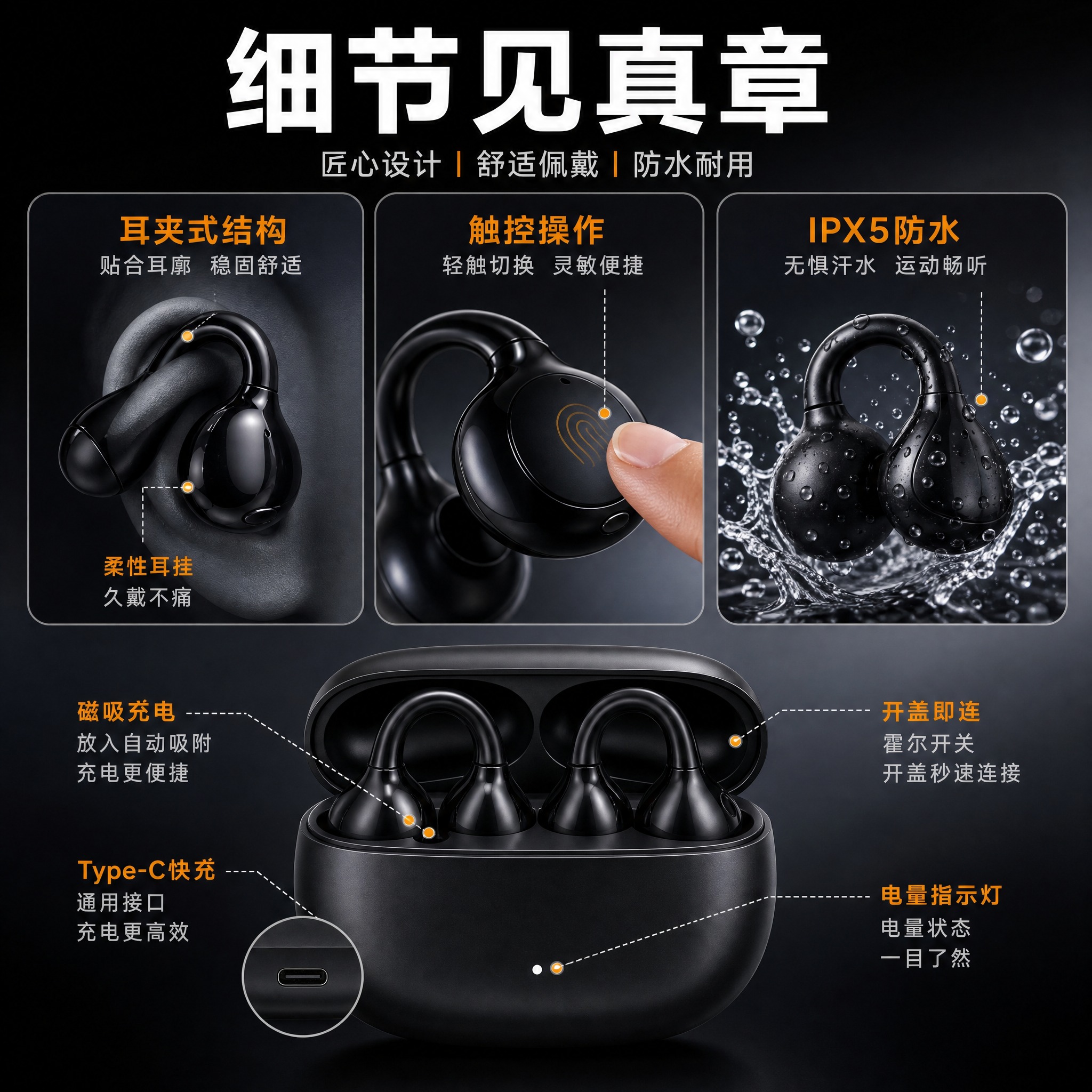 [主图-3] LKP蓝牙耳夹式耳机 产品结构细节证据图 耳夹结… - 图片创意预览