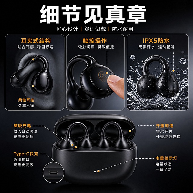 [主图-3] LKP蓝牙耳夹式耳机 产品结构细节证据图 耳夹结构+触控+防水多细节展示。
[统一基调] 抖音风格 强视觉冲击 高清商业摄影质感 深色科技感渐变背景 主色黑灰+运动橙点缀 标题白色粗体大字 辅助字浅灰 强调色亮橙色 字体为现代无衬线粗体 圆角卡片样式 整体简洁有力 突出产品品质与运动属性。
[画面] 画面上方主标题 细节见真章 画面主体为LKP耳机多角度细节展示 左侧是耳夹结构特写 展示柔性耳挂的弯曲弧度和贴合耳廓的设计 用引线标注 柔性耳挂 久戴不痛 中间是耳机触控区域特写 手指轻触耳机表面 标注 触控操作 右侧是防水性能示意 耳机周围有水珠飞溅 标注 IPX5防水 下方居中展示充电仓开合状态 仓盖打开 耳机放在仓内 展示磁吸充电结构 整体用三格细节卡片+底部充电仓展示的布局 每个细节都有对应的短文字标注 用引线指向具体部位。
[光影质感] 微距摄影质感 细节清晰 材质表现细腻 耳机表面纹理真实 水珠晶莹剔透 触控手指自然真实 光影柔和有层次。
[配色] 背景深灰到中灰渐变 产品黑色 标注文字白色 引线浅灰色 重点关键词亮橙色 水珠透明带高光。
[文字版式] 顶部主标题白色粗体大字 每个细节卡片有短标题+说明 文字字号小但清晰 引线标注简洁 不遮挡产品关键部位 字体统一无衬线体。
[输出要求] 比例1:1 细节清晰 产品结构准确 文字标注清晰 无变形 无错字 无水印 无平台Logo 禁止手指畸形 禁止结构变形 禁止标注混乱。