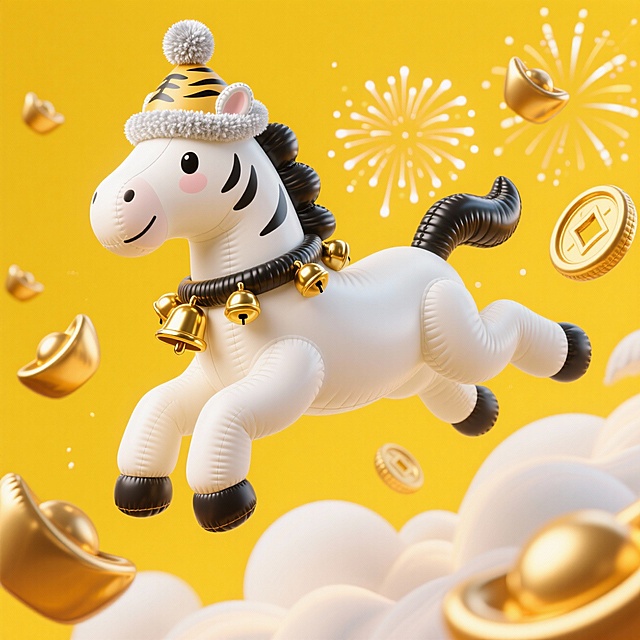 奶白色小马，侧身腾跃、四蹄舒展似踏云，头顶戴毛球银边虎头帽，颈间系缀着铃铛的黑金绑带。明黄纯色背景，点缀鎏金烟花与元宝纹装饰，活泼喜庆。