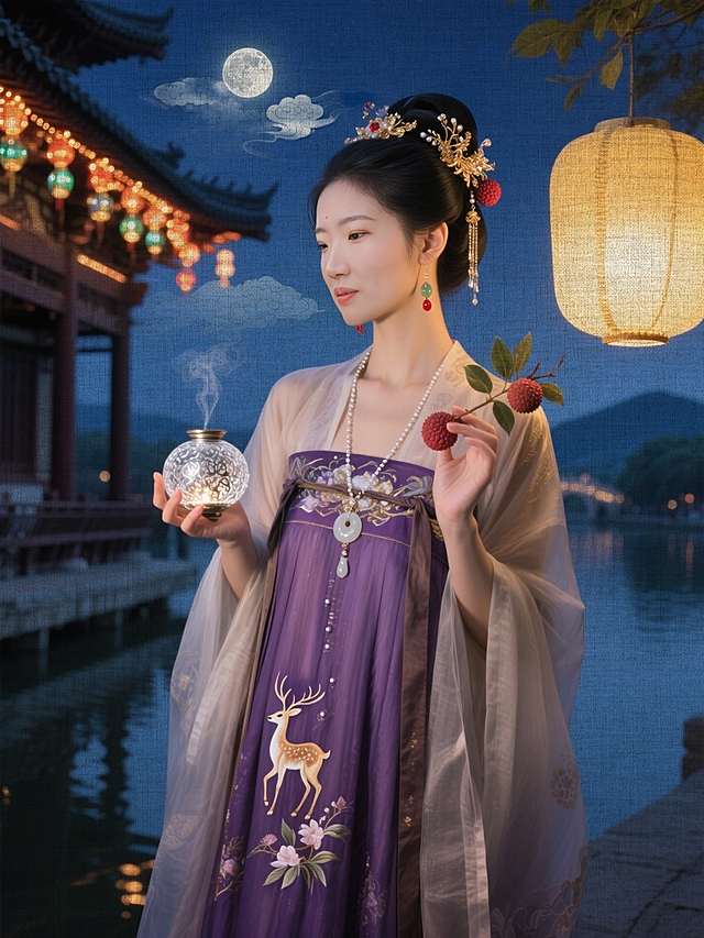工笔风与刺绣风交融，古典中式美人手持香炉与果实，月下亭台光影斑驳，静谧梦幻中透出优雅唯美感。