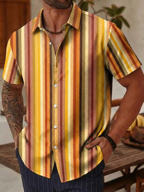 修改这件彩色竖条纹短袖衬衫，将当前的敞开衬衫领替换为第二张图片的闭合西装领样式，保持原有衣服的彩色锯齿条纹图案和短袖版型不变，领口保持闭合不敞开，看不到内里，整体风格自然融合，保留原图的模特和背景不变预览效果