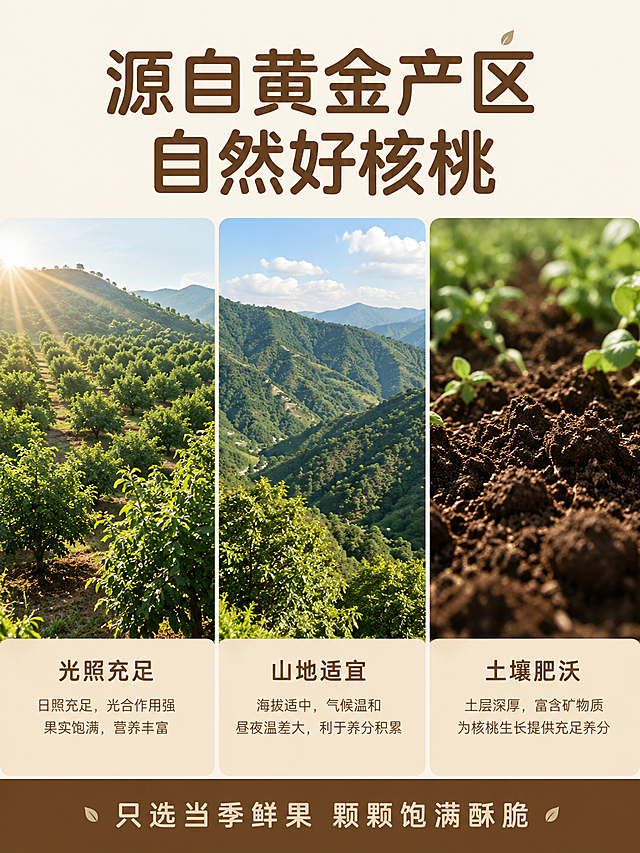 [第2屏] 产地优势展示，优质纸皮核桃黄金产区介绍。
[氛围/风格] 自然原生态，真实户外场景，清新干净，商业摄影质感。
[元素布局] 画面分为三部分，上半部分大标题，中部三张竖向实景图排列，底部深色标签条。三张图分别展示光照充足的核桃种植园、适宜地貌的山区、肥沃土壤，保持整体风格自然统一。三张图下方搭配简短文字说明。整体无边框满铺。
[光影质感] 自然光均匀照射，画面明亮通透，每张实景图都清晰自然，层次分明。
[配色色系] 全局底色：#F8F3E9，保持和首屏一致；主体配色：自然绿色种植园+棕色土壤；文字颜色复用首屏#8B5A2B棕色。
[视角构图] 三张图竖向等宽排列，俯视拍摄户外场景，整体构图均衡。
[文字版式] 顶部大标题「源自黄金产区 自然好核桃」，居中棕字，温润圆角黑体，纯色填充，字号为画面高度6%；三张图分别标注小标题：「光照充足」「山地适宜」「土壤肥沃」，放在图片下方浅棕色块上，字体风格、字色和首屏保持一致；底部标签条写「只选当季鲜果 颗颗饱满酥脆」，浅色字，居中对齐。
[比例分辨率] 3:4 竖版比例，宽度1080，高度1440，2k分辨率，文字清晰可辨，超高清。
[负向提示词] 场景变形，文字错乱，色彩不协调，水印，背景杂乱。