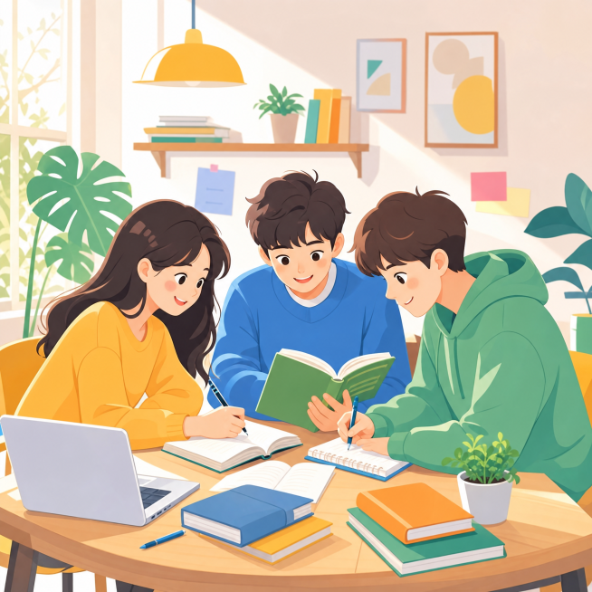 扁平化插画风，学习小组组队学习英语打卡，3个年轻人围坐在一起学习，桌上放着书本和笔记本，明亮温馨的教室场景，整体色调清新治愈，画面活泼有活力，无任何文字，符合小程序封面风格预览效果