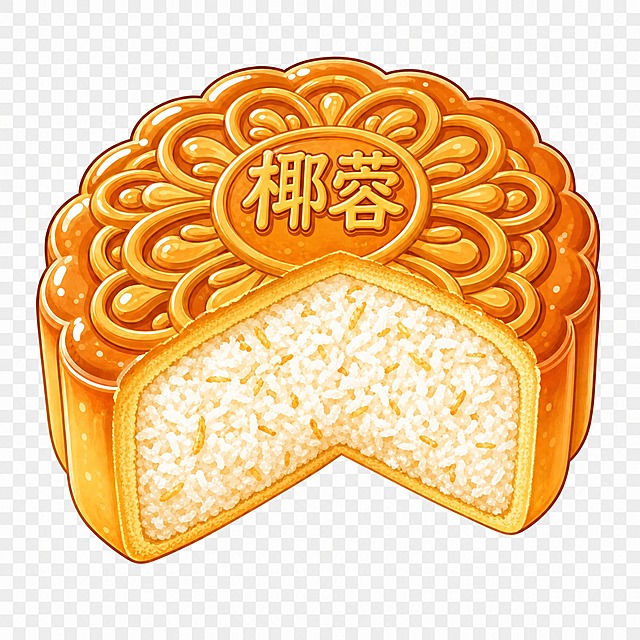 保持与参考图完全一致的卡通插画风格、月饼大小、四分之一切开角度、花纹样式和透明背景。将月饼改为椰蓉口味：顶部花纹中央写有'椰蓉'二字，切开处可见满满的白色椰蓉馅料，椰蓉颗粒分明，质地松软，带有金黄色的椰丝点缀，椰香浓郁的视觉效果，外皮金黄有光泽，Q版可爱风格，高清细节