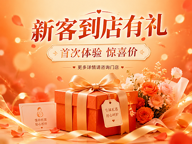 橙盈产后恢复中心店铺轮播图第五张，到店礼遇主题。4:3横版比例，橙红金暖色调。画面中央是精美的礼盒和鲜花组合，丝带蝴蝶结，氛围喜庆温馨。上方大字"新客到店有礼"，中间文字"首次体验 惊喜价"，下方小字"更多详情请咨询门店"。背景暖橙渐变，点缀金色光点和花瓣装饰，整体有吸引力且温馨，延续品牌视觉风格，文案合规无违规词汇。