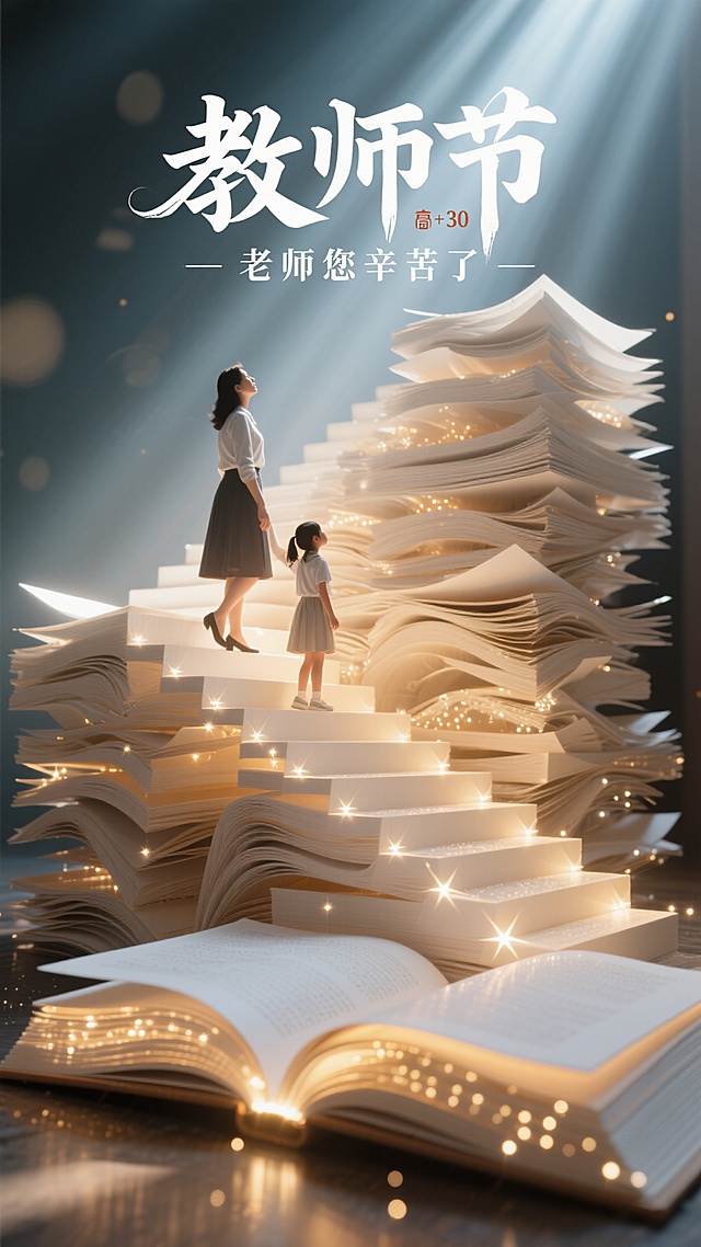 顶部有艺术字构成的大标题“教师节”，副标题“老师您辛苦了”，一个复杂的纸艺雕塑装置，纸张堆成三维阶梯空间，层层叠叠如楼梯，柔和温暖的灯光照亮纸张，透明书页，温暖柔和的光从内部散发出来，一位女性教师牵着一个小女生站在书页的阶梯上向上走，抬头向上看去，光从最高处的楼梯上面射下来造成剪影效果，探索知识的沉浸式场景，超现实纸艺雕塑，精致细节，强调教育和智慧，复杂的纸张纹理，温柔的暖光，高分辨率，8k