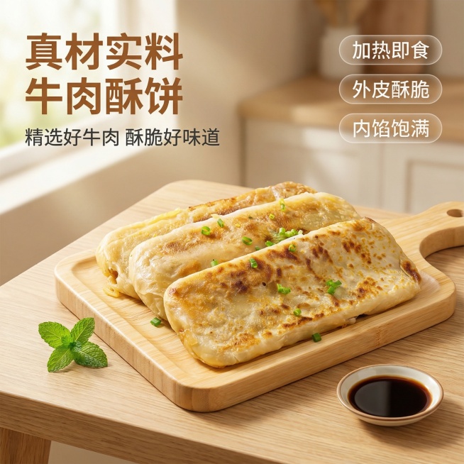 [垫图]用户上传的牛肉馅酥皮牛舌饼图；[主图主题]牛肉馅酥皮牛舌饼食欲首图；[氛围/风格]美味简约，有食欲，自然暖光，温馨居家感；[画面元素]煎制金黄的牛舌饼居中放置在浅木色餐桌上，表面点缀翠绿葱花，预览效果