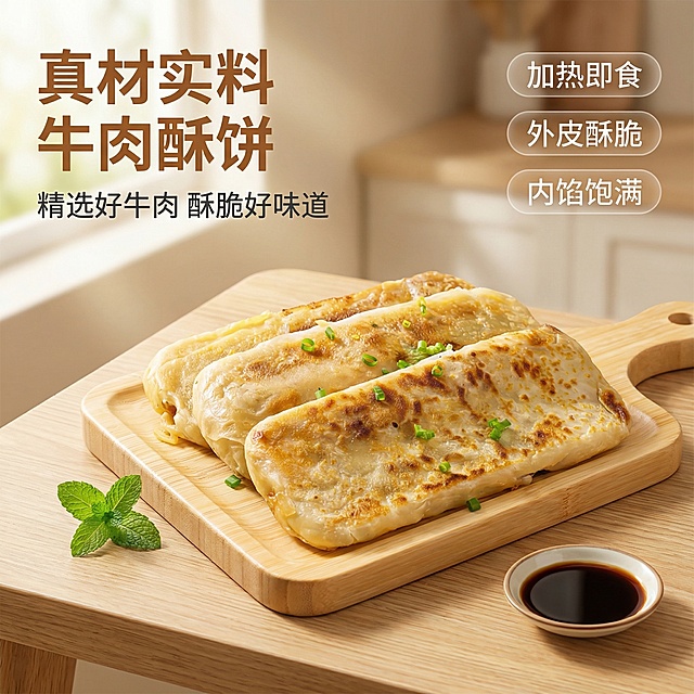 [垫图]用户上传的牛肉馅酥皮牛舌饼图；[主图主题]牛肉馅酥皮牛舌饼食欲首图；[氛围/风格]美味简约，有食欲，自然暖光，温馨居家感；[画面元素]煎制金黄的牛舌饼居中放置在浅木色餐桌上，表面点缀翠绿葱花，饼皮层次蓬松酥脆，旁边搭配一小碟陈醋和新鲜薄荷叶，背景是朦胧的米色厨房环境，有柔和的阳光从窗边洒落，饼皮上泛着诱人的油光，营造刚出锅的热乎质感，背景全屏无边框；[配色色系]主色调：暖金色（饼皮）、原木色（餐桌）；辅助色：翠绿（葱花）、米白（背景）；[视角构图]45度俯视拍摄，景深柔和，产品完整无切割，主体占比60%；[文字版式]左上角主标题：“真材实料 牛肉酥饼”，副标题“精选好牛肉 酥脆好味道”，右下角悬浮卖点标签：“加热即食”、“外皮酥脆”、“内馅饱满”，字体为无衬线粗体，主标题字色为暖棕色，副标题为深灰色，卖点标签为白色字搭配浅棕色极简半透明胶囊框，文案不遮挡产品主体；[比例分辨率]1:1比例，2k分辨率