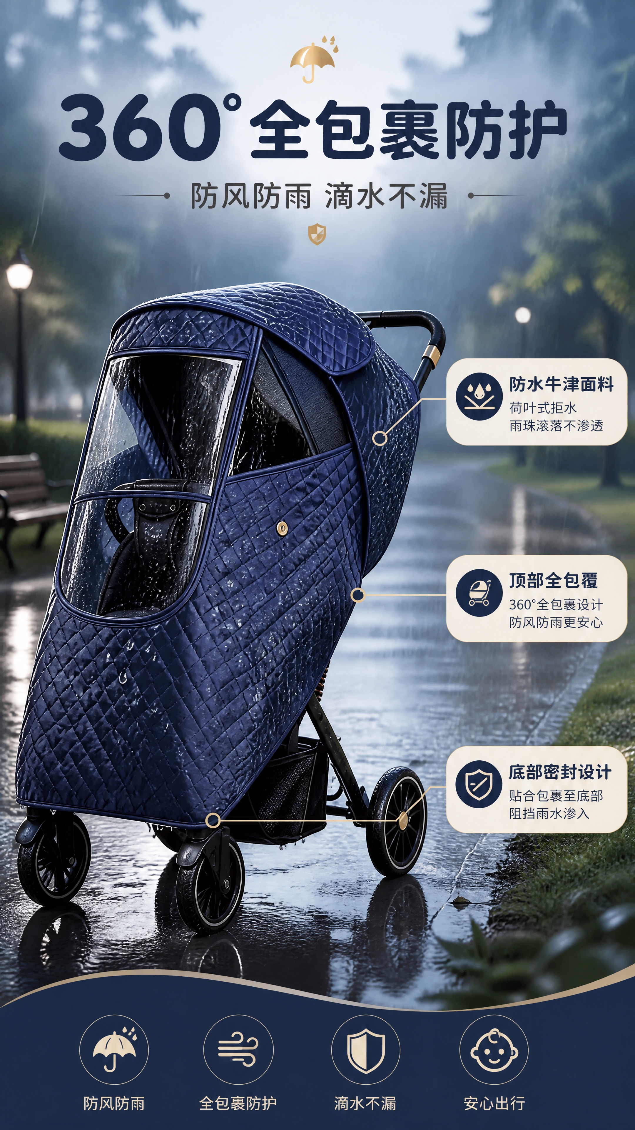 [商品] 使用【图1】藏青色全包裹婴儿车防风防雨罩；保留菱格绗… - 图片创意预览