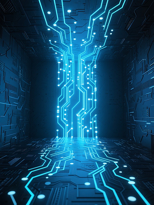 深蓝色调的赛博朋克风格3D科技背景，画面中央是由发光线条构成的复杂电路板纹理地面，地面中央有明亮的蓝色光效，垂直向上延伸出密集的、带有发光节点的科技感线条结构，线条呈现出对称的几何排列，整体光影效果具有强烈的纵深感和未来感，光源从底部向上渐变，营造出神秘而宏大的科技空间氛围，没有任何文字和标识元素。