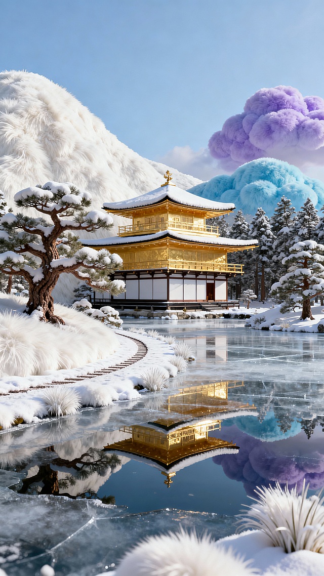 侧拍全景，冬日的金阁寺覆着薄雪，金箔外墙在阳光下依旧耀眼。下方湖面结起厚冰，清晰倒映出金阁与周围的松林，松林披雪枝干遒劲，小径覆雪无人踏足，日式庭院的静谧与冬日纯净感拉满。
