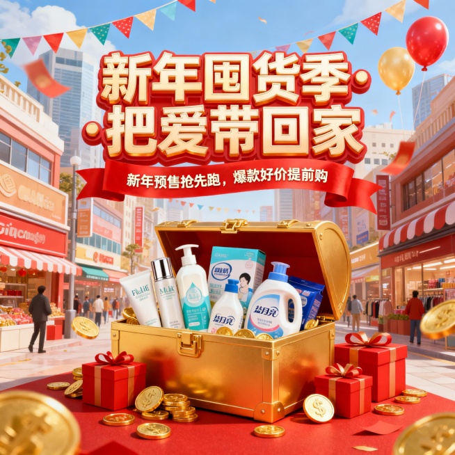 热闹的城市购物街背景，年货节囤货插画，核心是装满各种产品（护肤品、牛奶、日用品）的金色宝箱，周围散落金币和红色礼盒，上方有立体艺术字“新年囤货季·把爱带回家”，红色丝带标语“新年预售抢先跑，爆款好价提预览效果