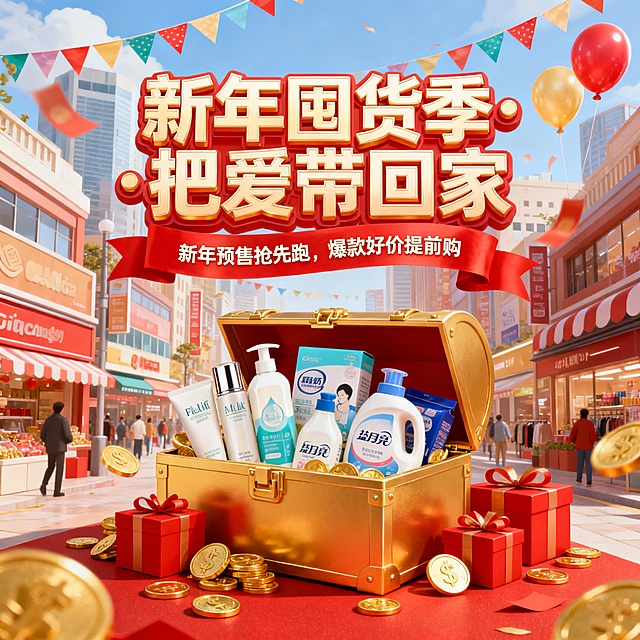 3D重拟物风格，鎏金宝箱盛满生活好物，搭配红金配色与节日元素，营造浓厚喜庆感与促销氛围，卡通化街景增添趣味，传递新年囤货季的温馨与欢愉。
