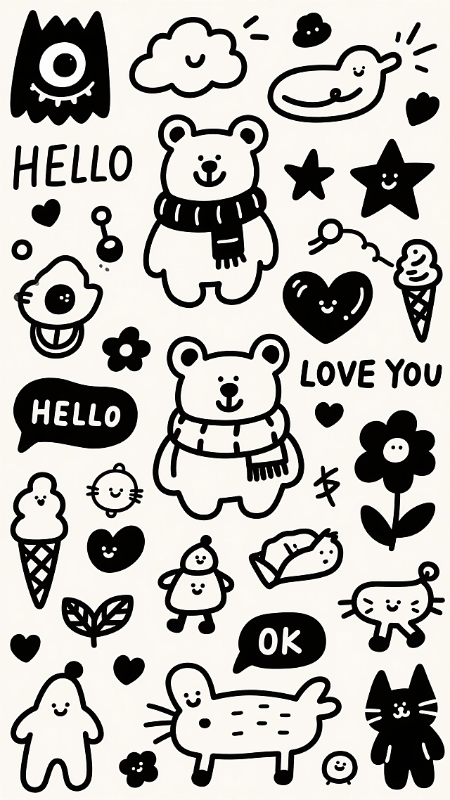 一幅充满童趣的简笔画风格无缝图案，由各种可爱的卡通形象和装饰元素组成。画面中有大眼睛的卡通怪兽、戴着围巾的小熊、微笑的云朵、星星、爱心、花朵、冰淇淋、小人和动物等，所有元素均以黑色线条勾勒，线条流畅且带有手绘感，整体呈现出一种随意、活泼的涂鸦风格。图案中还点缀着"HELLO"、"LOVE YOU"、"OK"等简单文字，所有元素紧密排列，形成一个丰富而充满欢乐氛围的整体画面。